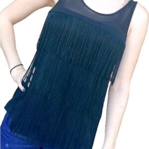 Fun Fringe Black Tank Top sheer panel back